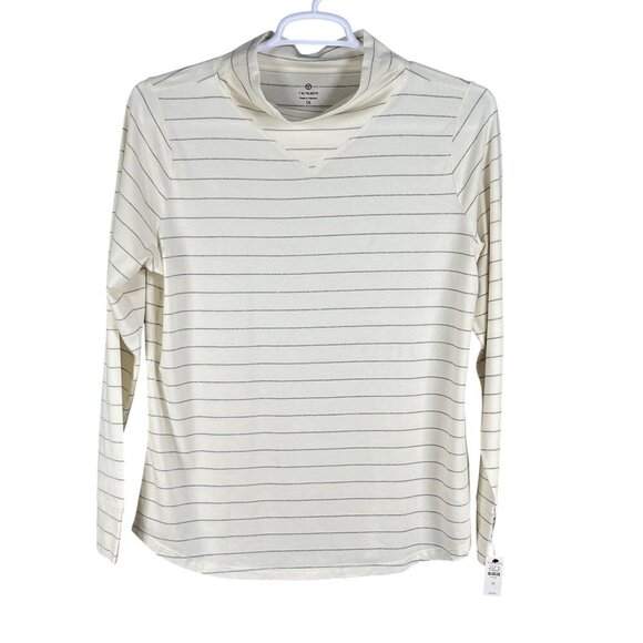 T by Talbots NWT Womens 1X Long Sleeve Metallic Striped Cowl Neck Top Nautical - Picture 8 of 16